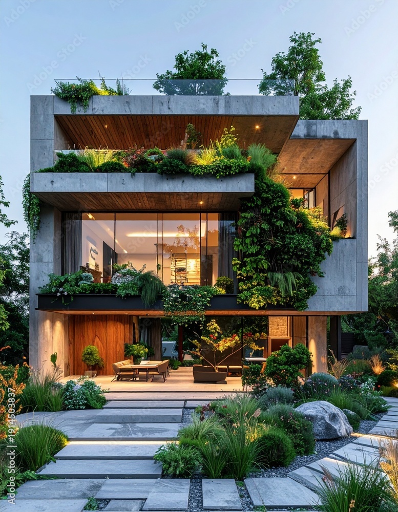 Fototapeta premium Modern Concrete House with Lush Greenery and Rooftop Garden.