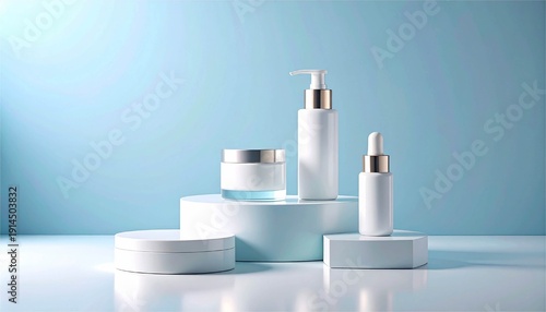 3D render of cosmetic mockups with white bottles and containers. Clean blue background with podiums for skincare and beauty products.