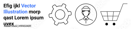 E-commerce, business processes, technical support, shopping, user profile, online tools. Minimalist gear icon, avatar shopping cart. E-commerce and business processes concept