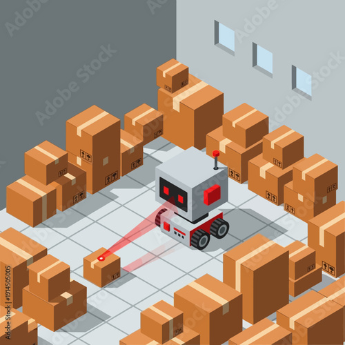 Warehouse robot efficiently transporting packages in a storage facility.