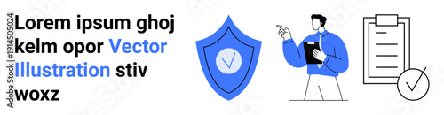 Data management, cybersecurity, digital verification, reliable systems, efficiency, compliance. A shield with a checkmark, a checklist and a person with a clipboard. Cybersecurity and data