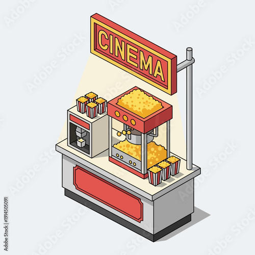 Isometric Cinema Popcorn and Snack Stand with Red and Yellow Sign.