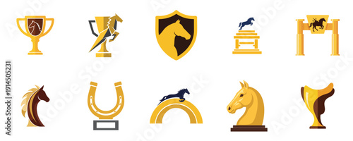Horse Trophy Collection Flat Design Equestrian Sports Award Icons Vector