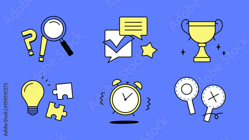 Quiz Game Icon Set – Question, Trophy, Puzzle, Timer and Idea Flat Line Illustration