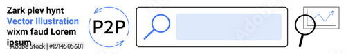 Digital tools, online research, data analysis, peer-to-peer networks, search engines, productivity. Magnifying glass, search bar graph. Online research and data analysis concept