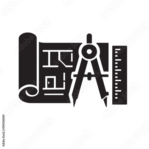 Black and white of a compass and ruler on a blueprint architecture engineering desig