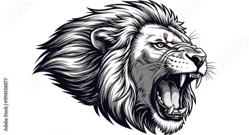Fierce Lion Head Roaring Aggressively Black and White Illustration.