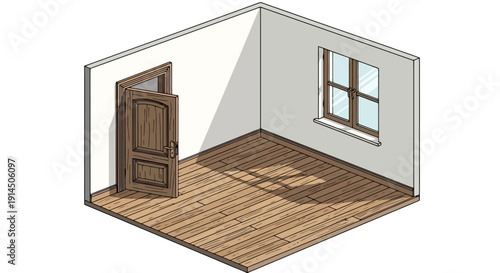 Empty room interior with wooden floor and open door.