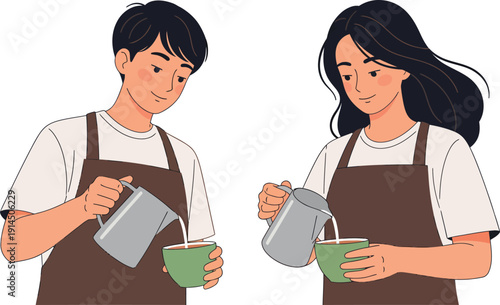 Young male and female baristas in brown aprons skillfully pouring milk into green cups.