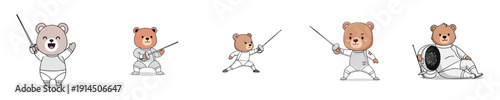 Cute Fencing Bear Mascot Set Flat Design Character Vector