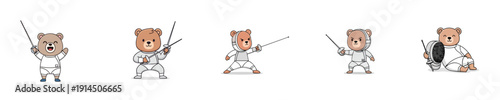 Fencing Bear Character Collection Flat Design Cute Mascot Vector