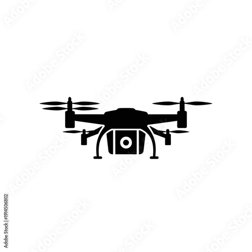 A simple, modern silhouette of a quadcopter drone with a camera mount, perfect for technology and aviation concepts