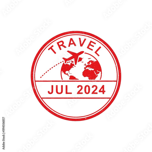 Circular travel stamp with the Earth and airplane, marking July 2024, representing global journeys and vacation plans