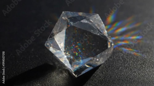 Diamond refracting light into a colorful spectrum on a dark surface.