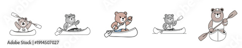 Canoe Bear Mascot Set Flat Design Cute Character Vector