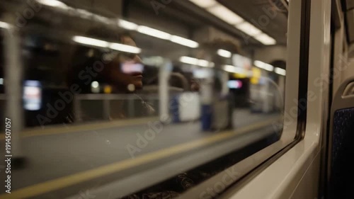Blurry view of a train station through a train window.