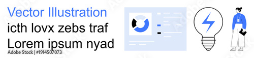 Business growth, innovation, creative solutions, professional design, modern technology, data visualization. A dashboard, light bulb icon and business character. Business growth and innovation