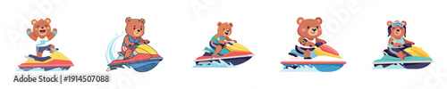 Jetski Bear Character Set Flat Design Cute Athlete Mascot Vector