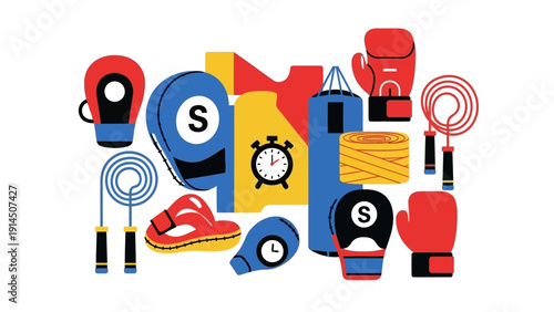 Vibrant sports equipment collection featuring boxing gloves, badminton rackets, and stopwatch, arranged in a lively studio setting