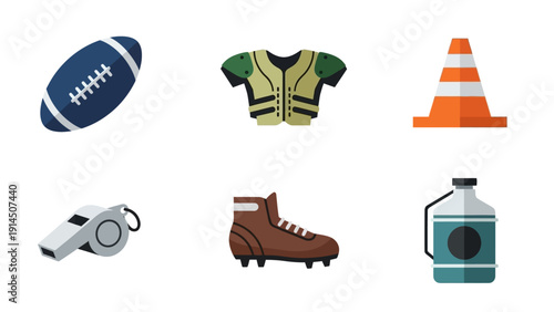 Illustration of sports equipment and referee gear including football, jersey, cone, whistle, cleat, and water bottle on a white background from a direct viewpoint
