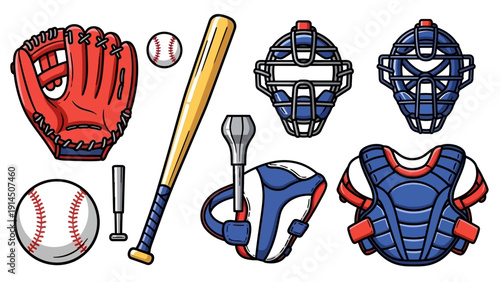 Baseball equipment illustration featuring gloves, bats, catchers gear, and balls in a sports setting