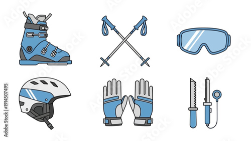 Skiing equipment icons set including boots, poles, goggles, helmet, gloves, and tools on a clean white background from a direct viewpoint