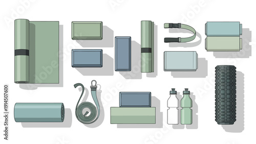 Assorted yoga accessories including mats, blocks, straps, and water bottles arranged neatly from a top-down viewpoint.