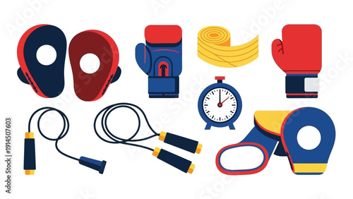 Collection of Boxing Equipment and Fitness Accessories Displayed on a Clean White Background from a Direct Overhead Viewpoint