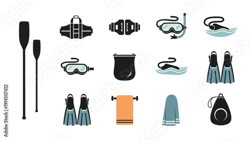 Collection of Water Sports Equipment Icons Featuring Snorkeling Gear and Accessories