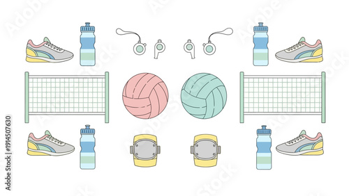 Sports Equipment Collection Featuring Volleyballs and Running Shoes Displayed on a Clean White Background from a Direct Viewpoint