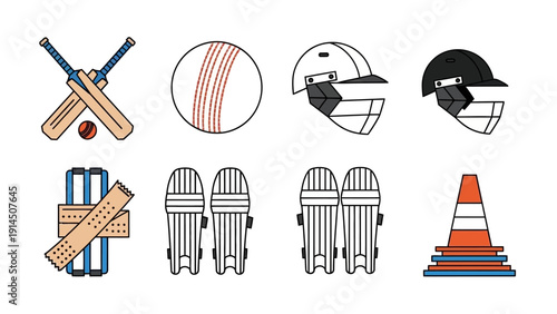 Cricket equipment and safety gear arranged neatly on a sports field during a practice session.