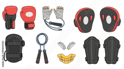 Collection of boxing gloves, headgear, mouthguard, and protective gear displayed together on a clean white background