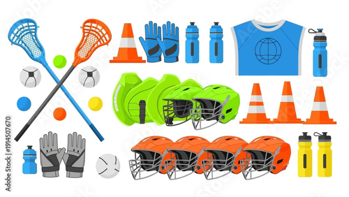 Collection of sports equipment including lacrosse sticks, helmets, cones, and gloves displayed neatly on a white background from a straightforward viewpoint