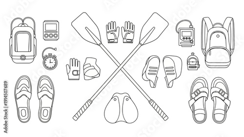 Outdoor adventure equipment arranged around crossed paddles in a symmetrical composition showcasing various gear for water sports and travel.