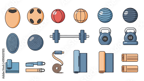 Assorted fitness equipment including balls, dumbbells, and jump ropes arranged neatly in a grid pattern on a plain background from a direct overhead viewpoint