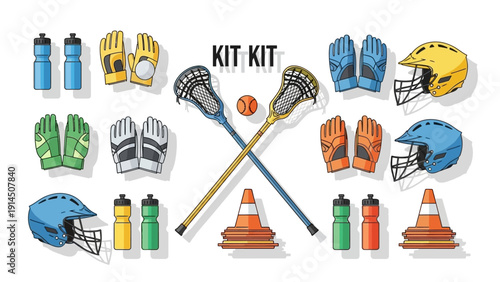 Assorted sports equipment kit laid out neatly for a lacrosse game, including helmets, gloves, and sticks