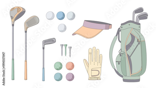 Golfing equipment illustration featuring clubs, balls, gloves, and bag in a collection view