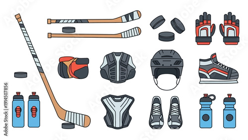 Hockey equipment set arranged neatly on a clean white background, viewed from directly above, showcasing various gear and accessories.