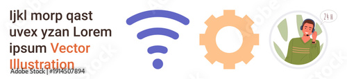 Digital transformation, communication platforms, technical support, connectivity, wireless networks, efficient systems. Blue wireless icon, orange gear cog male customer service ative. Communication
