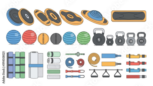 Collection of Fitness Equipment and Accessories Displayed in a Grid Layout