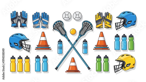 Collection of lacrosse equipment and sports gear icons arranged symmetrically in a graphic illustration