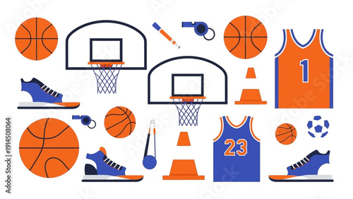Assorted basketball elements including hoops, balls, jerseys, and shoes arranged in a graphic illustration on a plain background from a straightforward viewpoint.