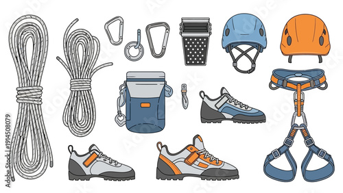 Climbing equipment and accessories arranged neatly with ropes, helmets, harnesses, and shoes displayed on a clean surface