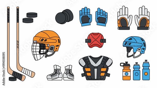 Collection of ice hockey equipment including sticks, helmets, gloves, skates, and protective gear displayed together