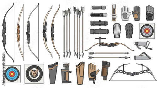 Archery equipment collection including bows, arrows, targets, and accessories displayed in a detailed illustration from a straightforward viewpoint