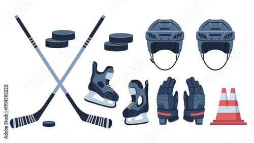 Hockey equipment arranged on a white background including sticks, pucks, skates, helmets, gloves and cones