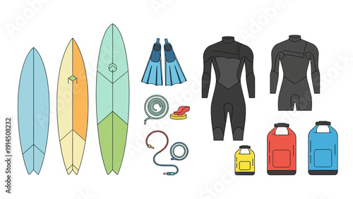 Collection of surfing equipment including surfboards, wetsuits, and accessories displayed against a clean white background from a straightforward viewpoint.