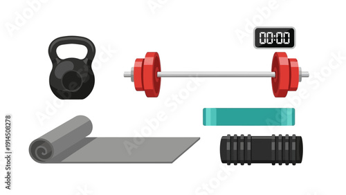 Fitness equipment displayed on a clean white background includes a kettlebell dumbbells yoga mat and foam roller with a digital timer