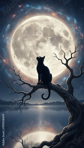 Fototapeta Mystical depiction of a black feline gazing at the radiant full moon from a bare tree