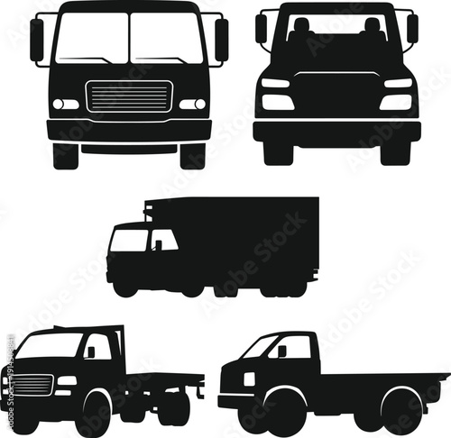 Truck Silhouette Collection Featuring Cargo Delivery Vehicles, Pickup and Box Trucks in Front and Side Views Isolated on White Background